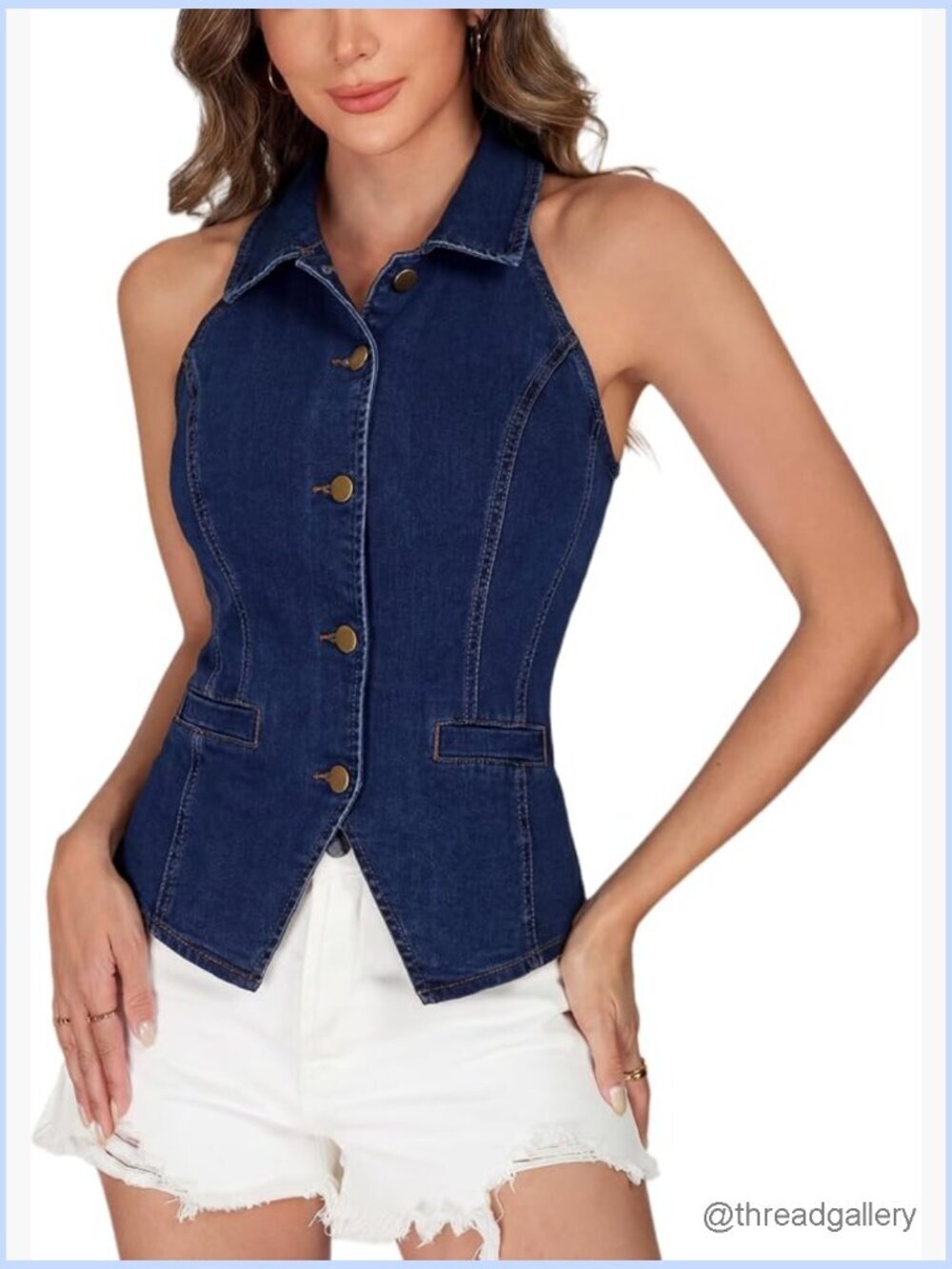 Sleeveless Denim Halter Vest Button Down Jean Vest Waistcoat Top for Women
